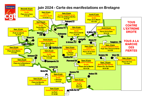 Carte rassemblements juin 2024 - CGT Bretagne